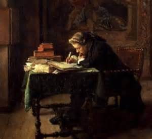 Old painting of man writing at a desk.